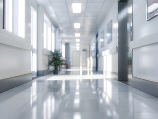 Blurred Hallway of Modern Medical Facility - Abstract Entrance to Healthcare Center Background