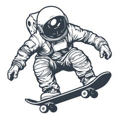Astronaut with skateboard vintage woodcut style drawing vector - obrazy, fototapety, plakaty