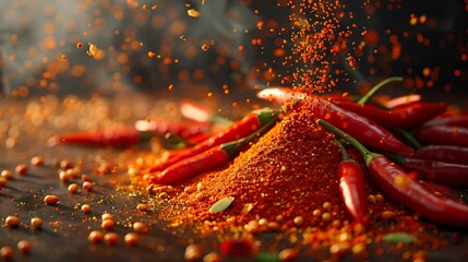 Copy Space Hot red chili pepper, fresh red hot chillies with chilli flakes design advertisement element