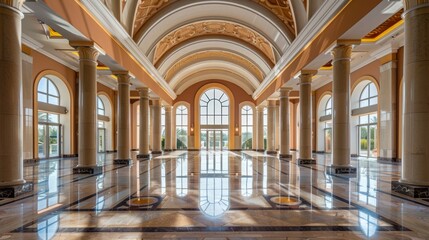 Expansive empty room with marble pillars and a lofty ceiling. Grand and majestic architectural space - obrazy, fototapety, plakaty