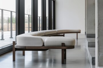 A long, curved sofa with a wooden frame and a white cushion