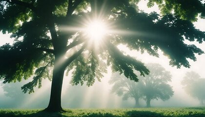 Big green tree leaves in green summer with sunburst sun rays over foggy 
