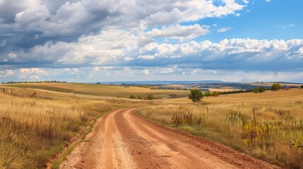 A dirt road in a rural area with a cloudy sky in the background