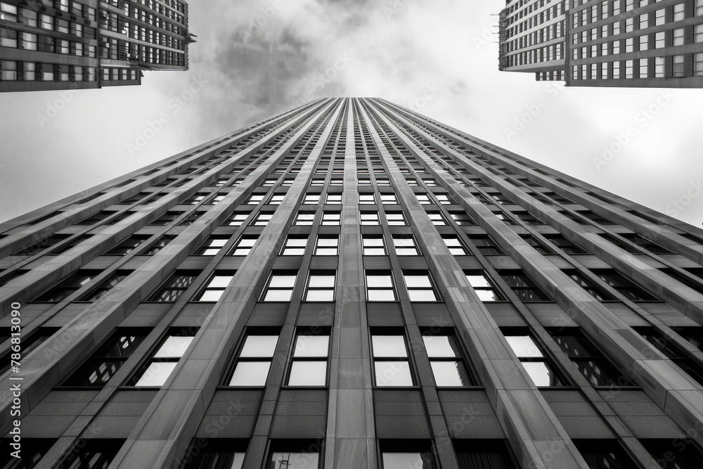 Poster skyscraper with a multitude of windows against a blue sky. modern architecture towering into the hea