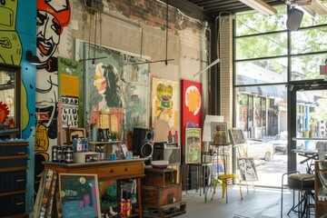 An artsy pop-up shop in a trendy neighborhood, featuring quirky murals, live music, and eclectic artisanal goods, Generative AI