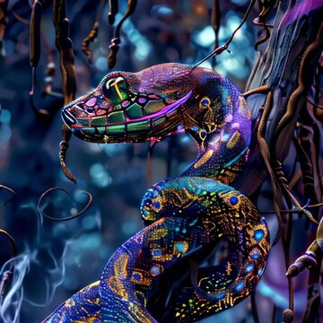 A detailed painting of a snake coiled around a tree branch, showcasing intricate scales and vivid colors. The realistic depiction captures the snakes slithering motion and the texture of the tree bark