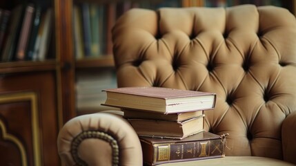 A chair with three books stacked on top of it