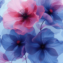 a many pink and blue flowers on a white background