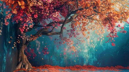Lose yourself in the beauty of this enchanting image featuring an elegant tree adorned with vibrant leaves hanging from its branches - obrazy, fototapety, plakaty