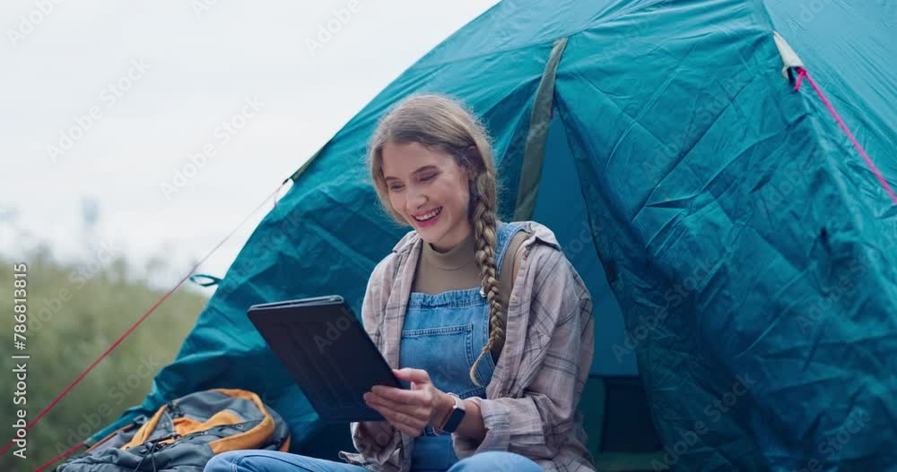 Poster Camping, tablet and woman in tent in nature on adventure, holiday and outdoor vacation. Morning, happy and person on campsite on digital tech for communication, online post or travel update in Sweden