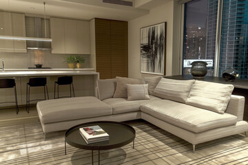 Luxurious minimalist living room in Toronto condo with low-profile sofa, warm grey tones, and soft evening light, designed for comfort and style.