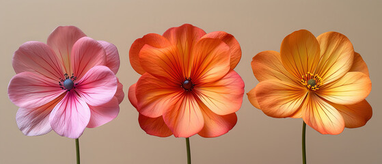 three different colored flowers are in a vase on a table