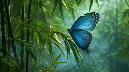Amidst the tranquil beauty of a bamboo forest, a blue butterfly flutters by, its wings a delicate...