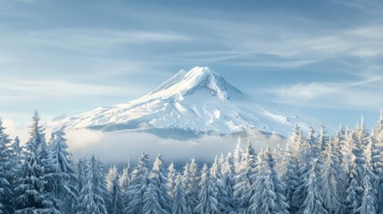 Snowy peaks framed by dense forests. Serene and breathtaking mountain vista - obrazy, fototapety, plakaty