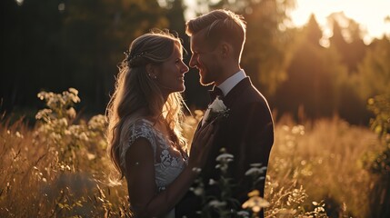 Swedish Wedding Bliss: Smiling Couple in Serene Landscape