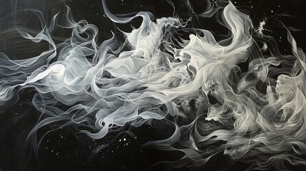 the mesmerizing elegance of white smokey paint on canvas, where delicate wisps and tendrils dance gracefully against a backdrop of deep black  - obrazy, fototapety, plakaty
