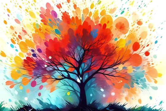 Abstract tree with multi-colored leaves. Creative illustration of autumn colorful tree. Animation.