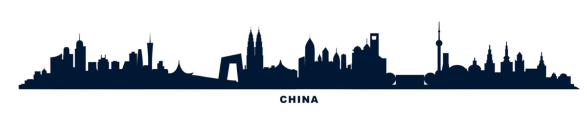Obraz premium China country skyline with cities panorama. Vector flat banner, logo. Beijing, Shanghai, Guangzhou, Hangzhou, Harbin, Chongqing silhouette for footer, steamer, header. Isolated graphic