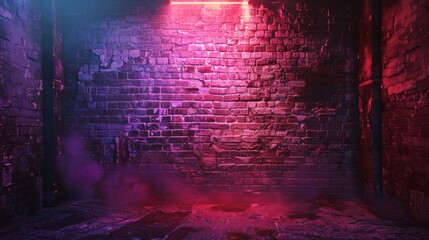the timeless appeal of an empty background featuring an old brick wall bathed in the soft glow of neon light, each weathered brick and flickering light  - obrazy, fototapety, plakaty