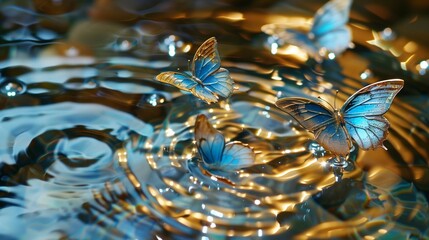 Butterflies on water, shimmer blue and gold colors, sparkling water reflections,digital art style.