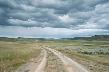 Fototapeta premium Road stretching through field under cloudy sky, tranquil rural scenery
