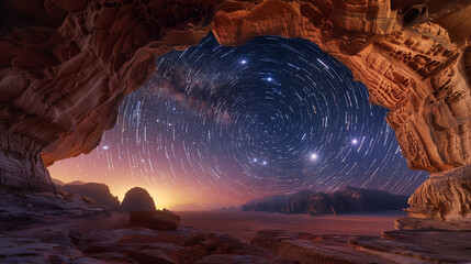 A starry night sky over Wadi crossed arches in Jordan, with the glowing arc of light creating an otherworldly effect on the desert landscape. The long exposure captures the swirling stars 