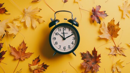 Naklejka na ściany i meble Mark the occasion of Daylight Saving Day with a poignant image of a black alarm clock and scattered autumn leaves on a sunny yellow background