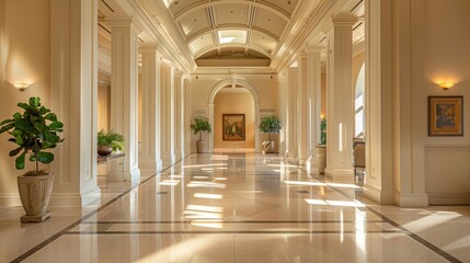 A long hallway with white pillars and a large painting on the wall - Powered by Adobe
