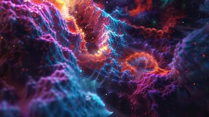 Marvel at the cosmic dance of abstract neon fractals, their vibrant colors and intricate patterns swirling through the void of space, captured in mesmerizing detail by an advanced HD camera