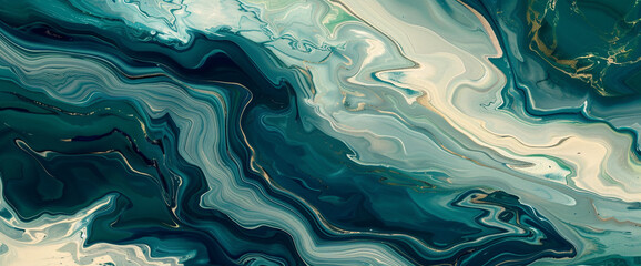Embark on a journey of elegance and serenity through this captivating painting, where dark teal and light beige waves intertwine amidst organic topography, evoking the timeless allure of marbleizedart - obrazy, fototapety, plakaty