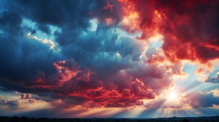 Naklejka na ściany i meble dramatic blue and red clouds with sunlight rays background from Generative AI