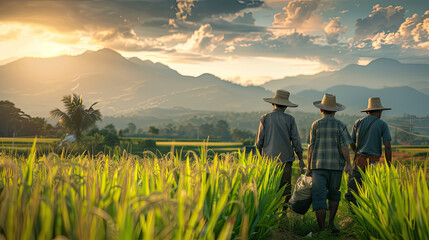 Rear view of senior farmer standing in soybean field examining crop at sunset, - Powered by Adobe