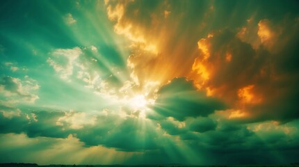 dramatic green and orange clouds with sunlight rays background from Generative AI