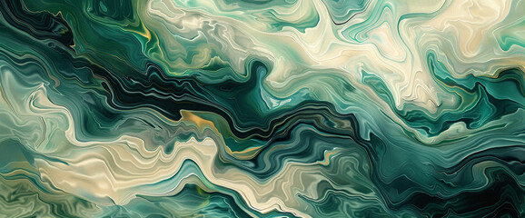Obraz premium Embark on a journey of elegance and serenity through this captivating painting, where dark teal and light beige waves intertwine amidst organic topography, evoking the timeless allure of marbleizedart