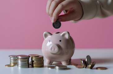 Woman Saving Money in Piggy Bank