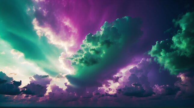 dramatic green and purple clouds with sunlight rays background from Generative AI