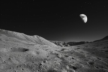A black and white photo of a moonlit desert with a large moon in the sky