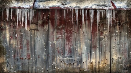 Winter icicles on rustic wooden cabin wall