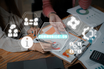 Communication concept, Business team analyzing income charts and graphs on office desk with people, talk, connection, exchange, media and technology icon on virtual screen.
