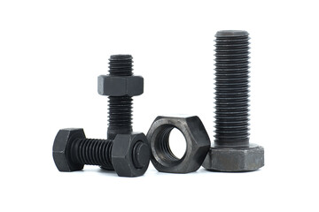 Black metal hexagonal bolts and nuts isolated on white