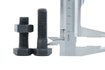 Hex head bolt and nut measured by caliper over white