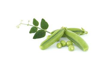 Pea pod with green leaves isolated over white