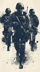 Minimalist background Tshirt design featuring a swat team, portrayed as a modern masterpiece of courage and teamwork,  - obrazy, fototapety, plakaty