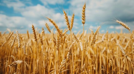 Fototapeta premium Photography of a vast wheat farm field for organic harvest in the autumn season with a sky background