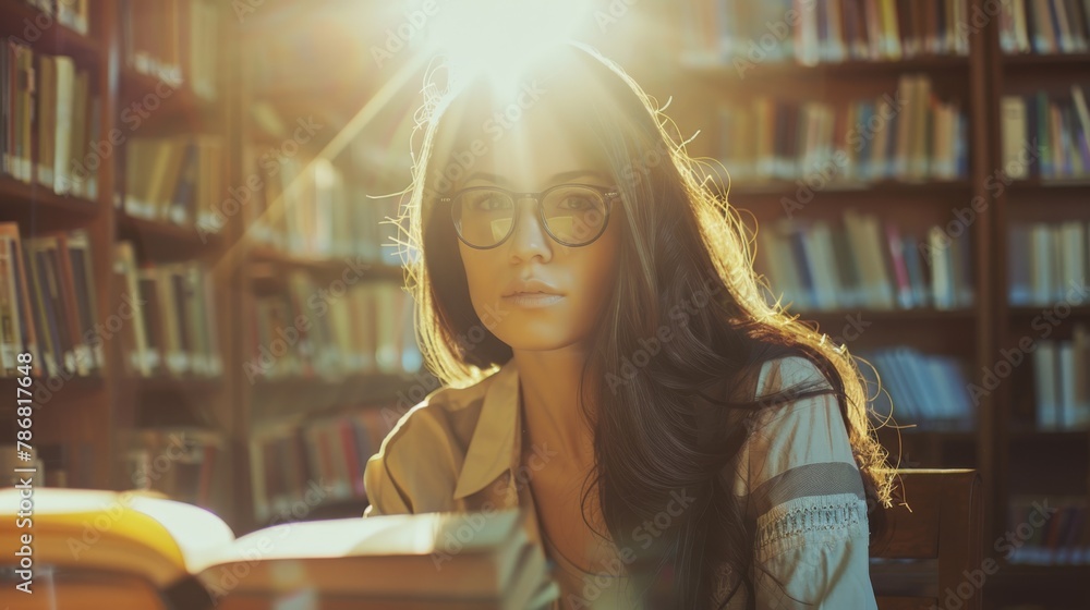 Poster A woman is sitting in front of a bookshelf in a library, surrounded by numerous books. She appears engaged in reading or studying as she gazes at the shelves filled with books of various sizes.