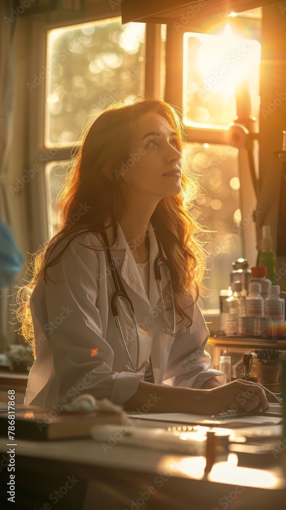 Poster a woman is seated at a desk placed in front of a window. she appears focused on her work, with paper