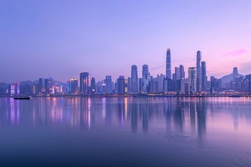 a city skyline with a body of water in the foreground