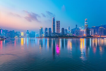 Fototapeta premium a city skyline with a body of water in the foreground
