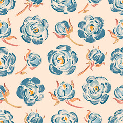 Rose Flower Seamless Pattern. Vintage Blue Roses. Flowers and Leaves. Vector Floral Background.