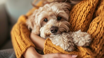 A woman is tenderly holding a cute dog wrapped snugly in a soft blanket, showcasing warmth and care towards her pet.
